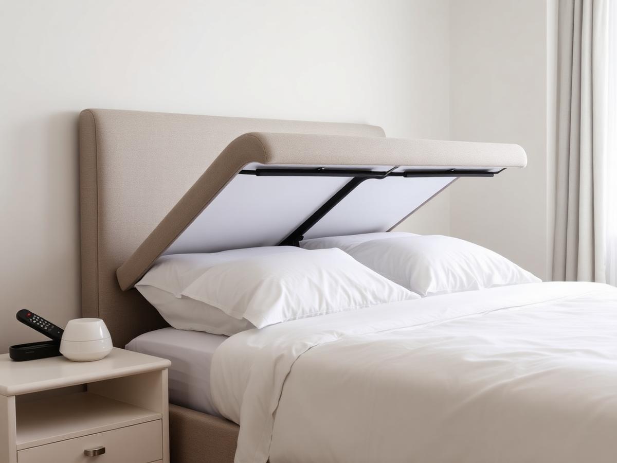Adjustable electric bed with upholstered headboard raised at an incline & crisp white bedding