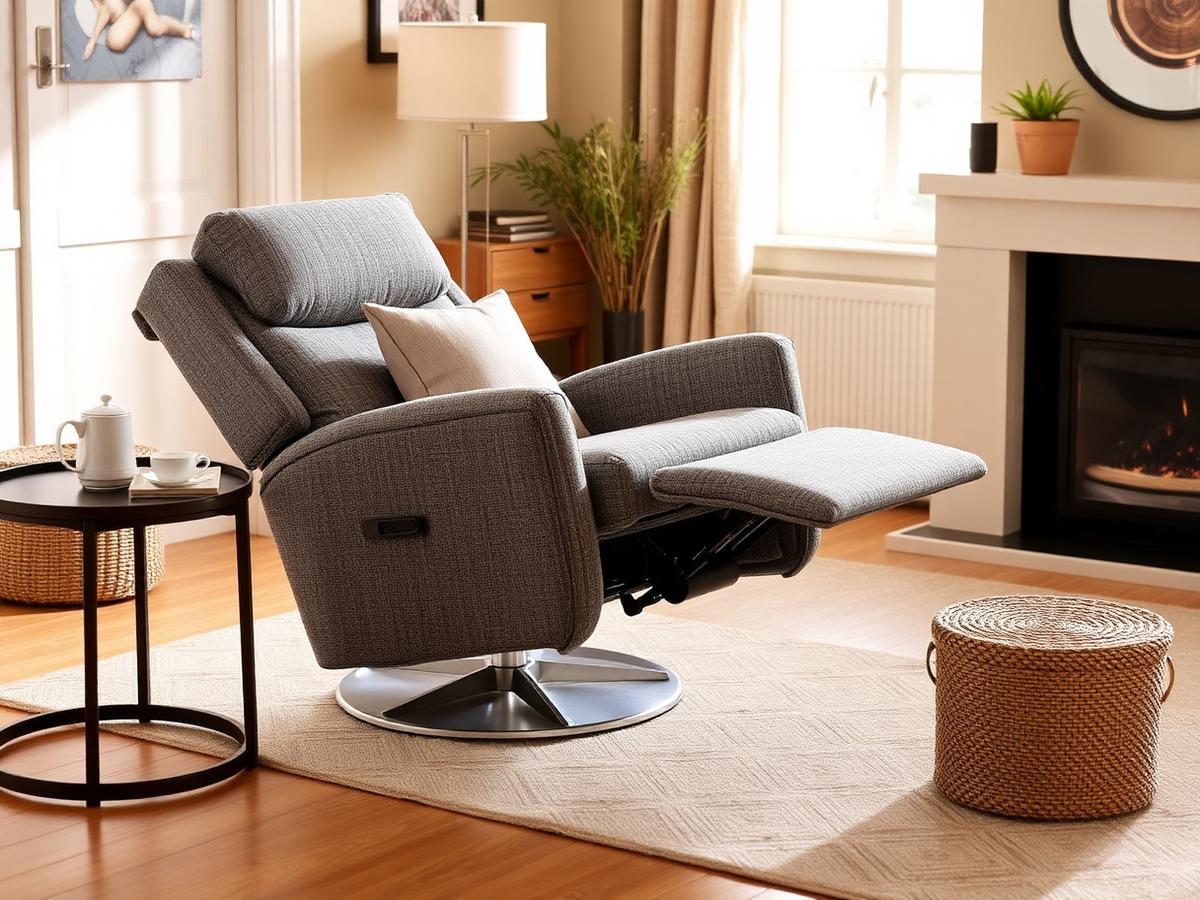 Premium fabric rise & recliner chair reclined with footrest raised in a warm living room