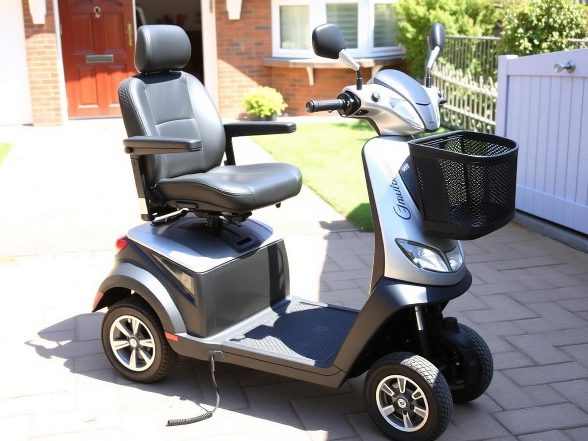 Premium mobility scooter with captain seat & basket parked on a driveway outside a home